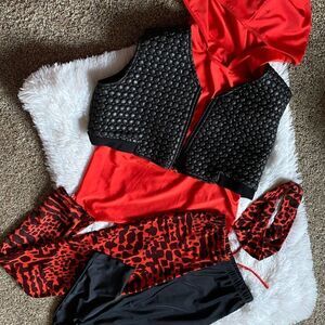 Revolution Dancewear 4 Piece Costume Black Vest Red Top Animal Print Pants Tie